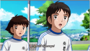 Tsubasa dan Misaki terlihat kaget melihat gol pertama shimada fc