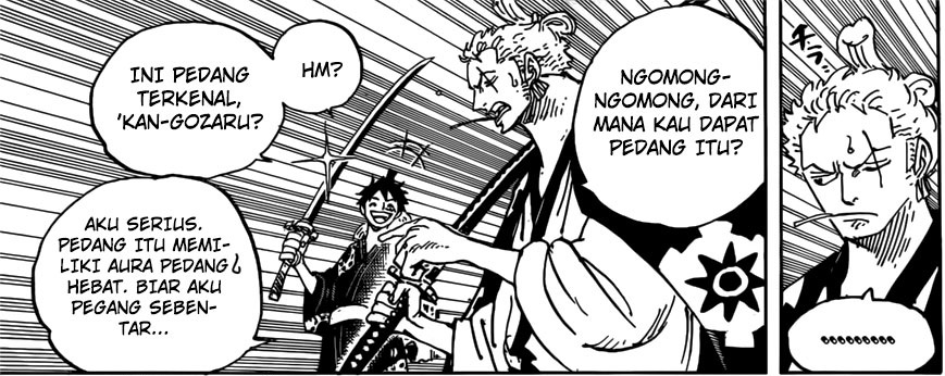 Zoro mengatakan pedang yang dibawa Luffy memiliki aura yang hebat