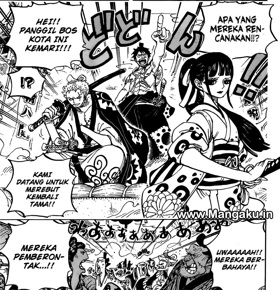 O-kiku, Zoro dan Luffy mengacau di distrik Bakura